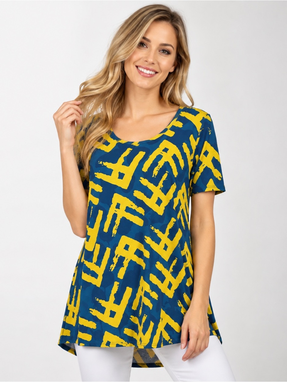 LuLaRoe Classic T XXS Blue Yellow Abstract Print Swing Tunic Top